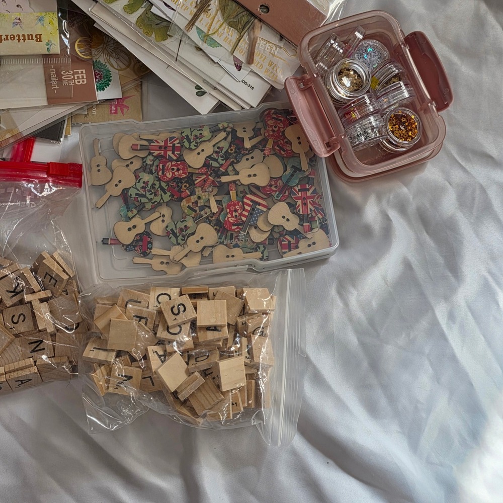 Mixed Craft Supply HUGE Lot Stickers Wood Letter Tiles Guitar Buttons Glitter - Picture 5 of 16
